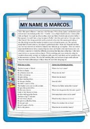 English Worksheet: My name is Marcos. Reading comprehension.