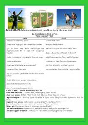 English Worksheet: CONVERSATION -CLASS DEBATE:BEFORE ENTERING UNIVERSITY, WOULD YOU LIKE TAKING A GAP YEAR?