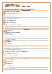 English Worksheet: REPORTED SPEECH+PASSIVE+CONDITIONALS+INVERSION -:REPHRASING(WITH KEY)