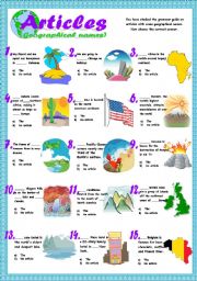 English Worksheet: Articles (geographical names exercises)