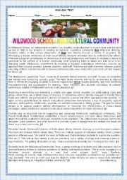 English Worksheet: TEST:WILDWOOD SCHOOL:MULTICULTURAL COMMUNITY