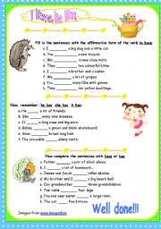 English Worksheet: Have, has - Affirmative - 3 exercises, fully editable