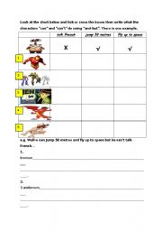 English Worksheet: heroes can-cant 