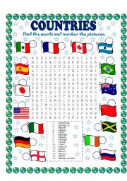 English Worksheet: WORD SEARCH (COUNTRIES) AND NUMBER THE PICTURES