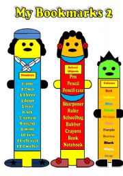 English Worksheet: My Bookmarks-Numbers, school objects, Colours+ B&W version