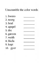 English worksheet: Unscramble the Colors