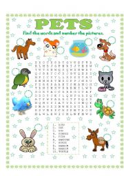 WORD SEARCH (PETS) AND NUMBER THE PICTURES