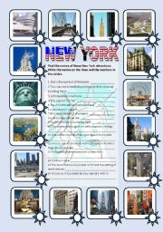 English Worksheet: New York sights - pictionary, matching and fill-in exercise (editable, with key)