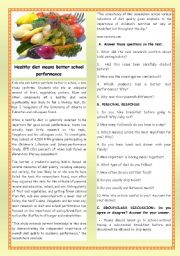 English Worksheet: TEENS /HEALTHY LIFESTYLES-Healthy diet means better school performance-+SPEAKING