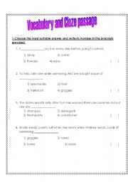 English worksheet: vocabulary and cloze passage