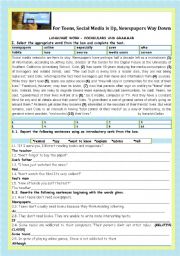 English Worksheet: TEENS AND MASS MEDIA-FOR TEENS, SOCIAL MEDIA IS UP,NEWSPAPERS WAY DOWN-LANGUAGE WORK- +