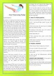 English Worksheet: TEENSHEALTHY LIFE STYLES-START EXERCISING TODAY!- +SPEAKING