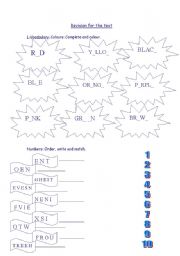 English Worksheet: revision numbers, colours and classroom objects