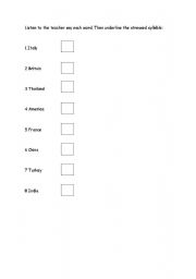 English Worksheet: Counting syllables/ identifying the stressed syllable