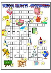 English Worksheet: School objects crossword (BW + key)