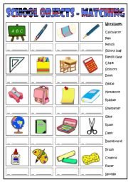 English Worksheet: School objects matching