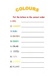 English worksheet: Colours anagram