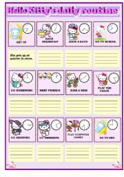 English Worksheet: Hello Kittys daily routine