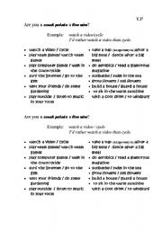 English worksheet: Likes/dislikes, charachter/ pasttime/ grammar construction I`d rather...than...