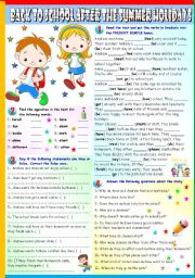 English Worksheet: BACK TO SCHOOL- READING AND COMPREHENSION + PRESENT SIMPLE (B&W + KEY INCLUDED)