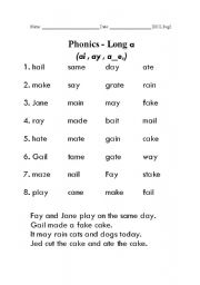 English Worksheet: Long a Phonics