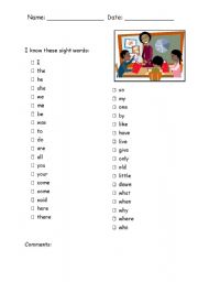 English Worksheet: First Sight Words for Kindergarten
