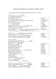 English Worksheet: Jack Johnson - Better Together [Listening Comprehension]