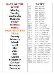 English Worksheet: Day Month Date