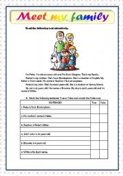 English Worksheet: MEET MY FAMILY - READING COMPREHENSION - BEGINNERS