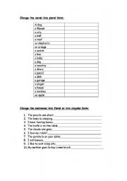 English worksheet: plural &singular worksheet