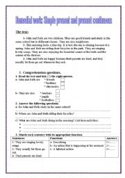 English Worksheet: Reading -Language -Writing  about the simple present and present progressive