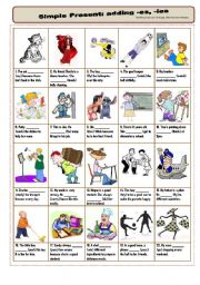 English Worksheet: SIMPLE PRESENT: -es / -ies (3rd person / IRREGULARS)