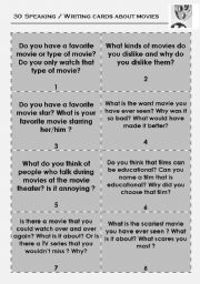 English Worksheet: 30 SPEAKING/WRITING CARDS ABOUT MOVIES AND CINEMA