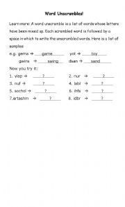 English worksheet: word unscramble