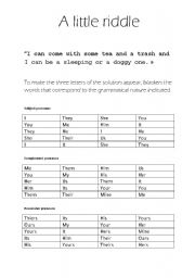 English Worksheet: A little riddle - Game with pronouns
