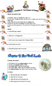 English Worksheet: Alice Adventures in Wonderland chapt8. The Queen of Hearts and chapt9 The Mock Turtle