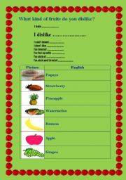 English worksheet: fruits