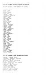 English Worksheet: List of antonyms, synonyms and homonyms