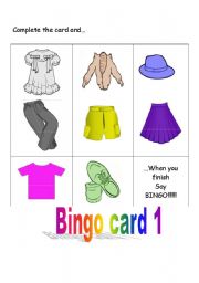 English worksheet: Bingo card for ESL