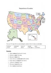 English Worksheet: Prepositions of Location (U.S. Geography)