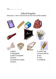 English worksheet: school supplies matching