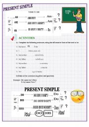English Worksheet: VERB TO BE + PRESENT SIMPLE (3pages - 9 exercises + theory + Reading comprehension)