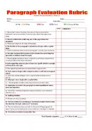 English Worksheet: PARAGRAPH WRITING SELF/PEER EVALUATION RUBRIC