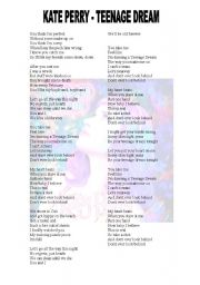 English Worksheet: KATE PERRY - TEENAGE DREAM