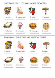 English Worksheet: Food (unscramble the words)