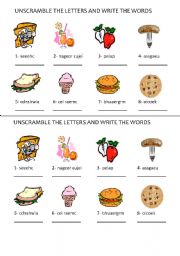 English Worksheet: Food (unscramble the words)