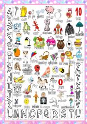 English Worksheet: My ABC :poster/matching game/learning new vocabulary (editable)