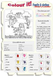 English Worksheet: Colour it! Family & clothes.