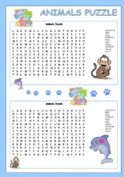 English Worksheet: Animals Puzzle for kids