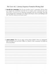 English Worksheet: The Giver Literary Response Writing Task